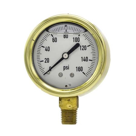 Industrial Pressure Gauge, 0 to 160 psi, 2 1/2 in Dial, 1/4 in NPT, Bottom Location MPN:601L-254F