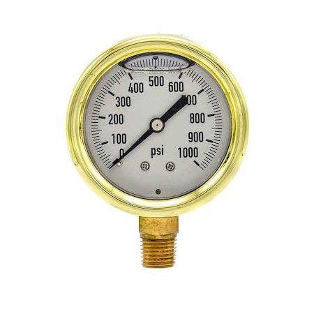 Industrial Pressure Gauge, 0 to 1, 000 psi, 2 1/2 in Dial, 1/4 in NPT, Bottom Location MPN:601L-254M