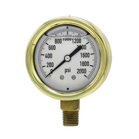 Industrial Pressure Gauge, 0 to 2, 000 psi, 2 1/2 in Dial, 1/4 in NPT, Bottom Location MPN:601L-254O