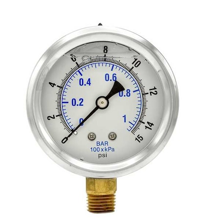 Industrial Pressure Gauge, 0 to 15 psi, 2 1/2 in Dial, 1/4 in NPT, Bottom Location MPN:PRO-201L-254B