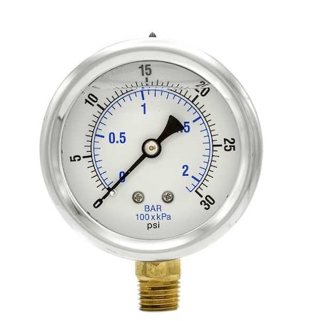Industrial Pressure Gauge, 0 to 30 psi, 2 1/2 in Dial, 1/4 in NPT, Bottom Location MPN:PRO-201L-254C