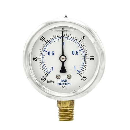 Industrial Compound Gauge, 30 to 0 to 15 psi, 2 1/2 in Dial, 1/4 in NPT, Bottom Location MPN:PRO-201L-254CB