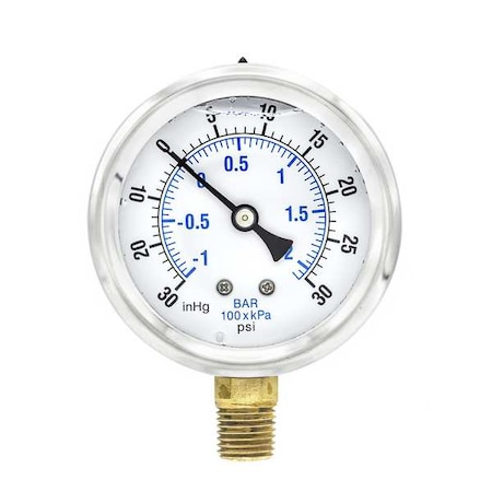 Industrial Compound Gauge, 30 to 0 to 30 psi, 2 1/2 in Dial, 1/4 in NPT, Bottom Location MPN:PRO-201L-254CC