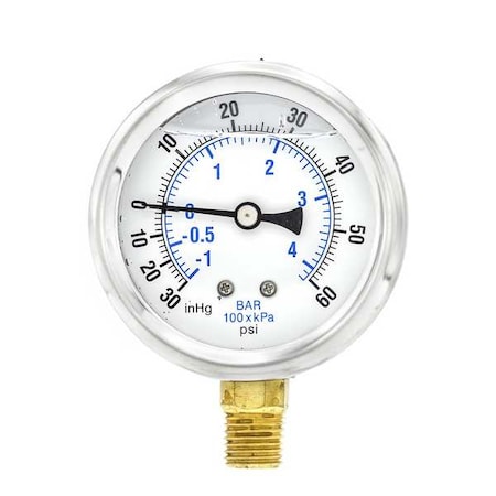 Industrial Compound Gauge, 30 to 0 to 60 psi, 2 1/2 in Dial, 1/4 in NPT, Bottom Location MPN:PRO-201L-254CD