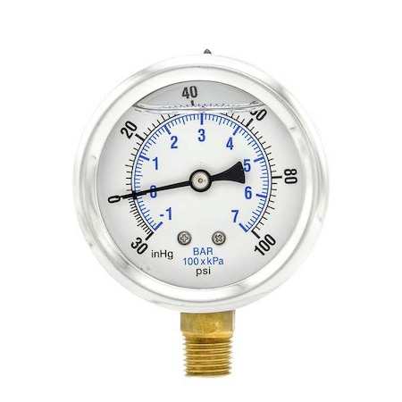 Industrial Compound Gauge, 30 to 0 to 100 psi, 2 1/2 in Dial, 1/4 in NPT, Bottom Location MPN:PRO-201L-254CE