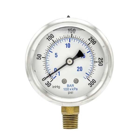 Industrial Compound Gauge, 30 to 0 to 300 psi, 2 1/2 in Dial, 1/4 in NPT, Bottom Location MPN:PRO-201L-254CH