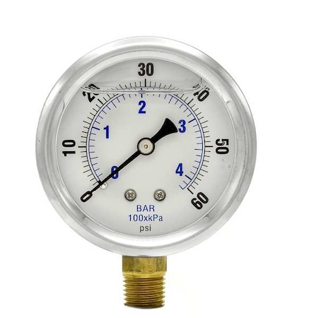 Industrial Pressure Gauge, 0 to 60 psi, 2 1/2 in Dial, 1/4 in NPT, Bottom Location MPN:PRO-201L-254D
