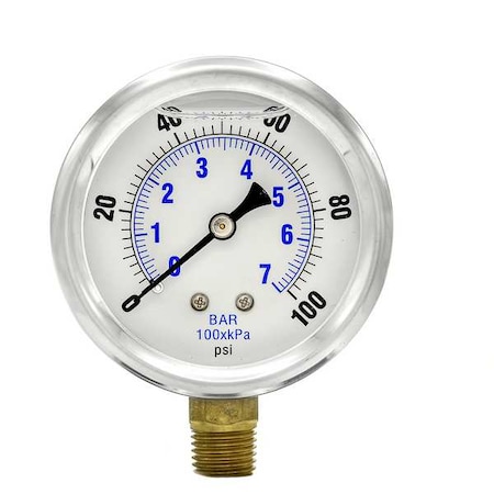 Industrial Pressure Gauge, 0 to 100 psi, 2 1/2 in Dial, 1/4 in NPT, Bottom Location MPN:PRO-201L-254E