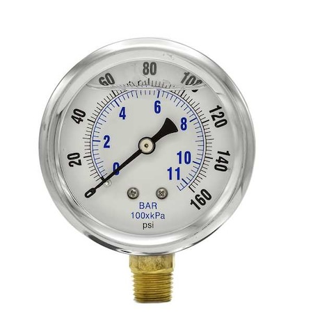 Industrial Pressure Gauge, 0 to 160 psi, 2 1/2 in Dial, 1/4 in NPT, Bottom Location MPN:PRO-201L-254F
