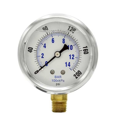 Industrial Pressure Gauge, 0 to 200 psi, 2 1/2 in Dial, 1/4 in NPT, Bottom Location MPN:PRO-201L-254G
