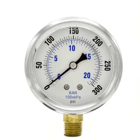 Industrial Pressure Gauge, 0 to 300 psi, 2 1/2 in Dial, 1/4 in NPT, Bottom Location MPN:PRO-201L-254H