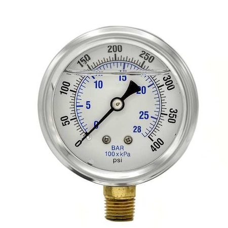 Industrial Pressure Gauge, 0 to 400 psi, 2 1/2 in Dial, 1/4 in NPT, Bottom Location MPN:PRO-201L-254I