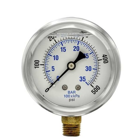 Industrial Pressure Gauge, 0 to 500 psi, 2 1/2 in Dial, 1/4 in NPT, Bottom Location MPN:PRO-201L-254J