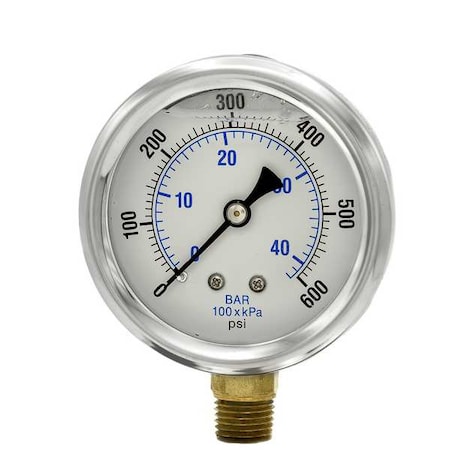 Industrial Pressure Gauge, 0 to 600 psi, 2 1/2 in Dial, 1/4 in NPT, Bottom Location MPN:PRO-201L-254K