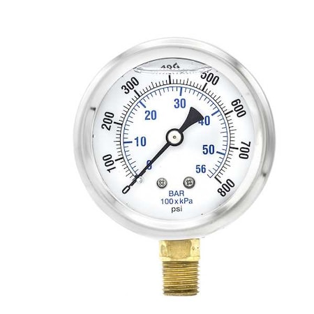 Industrial Pressure Gauge, 0 to 800 psi, 2 1/2 in Dial, 1/4 in NPT, Bottom Location MPN:PRO-201L-254L