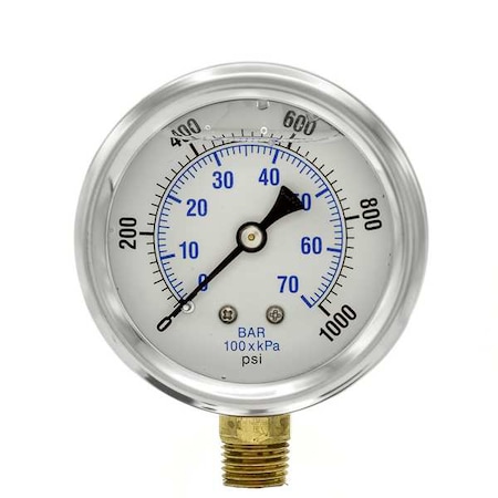 Industrial Pressure Gauge, 0 to 1, 000 psi, 2 1/2 in Dial, 1/4 in NPT, Bottom Location MPN:PRO-201L-254M