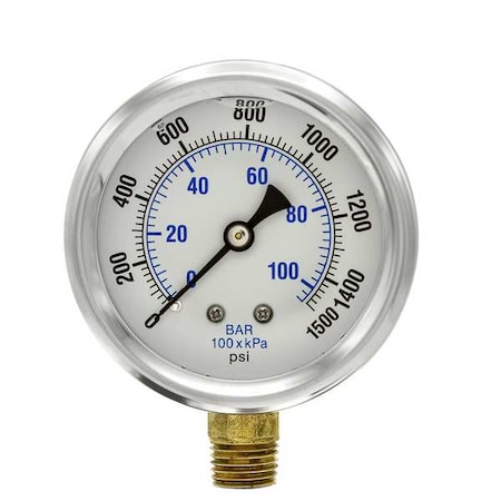 Industrial Pressure Gauge, 0 to 1, 500 psi, 2 1/2 in Dial, 1/4 in NPT, Bottom Location MPN:PRO-201L-254N