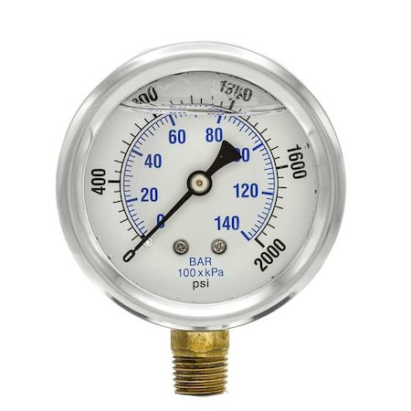 Industrial Pressure Gauge, 0 to 2, 000 psi, 2 1/2 in Dial, 1/4 in NPT, Bottom Location MPN:PRO-201L-254O
