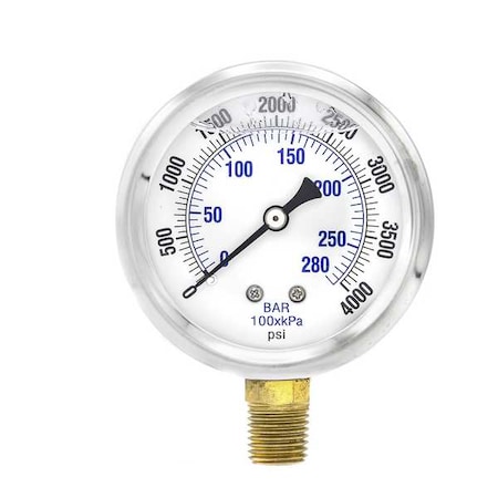 Industrial Pressure Gauge, 0 to 4, 000 psi, 2 1/2 in Dial, 1/4 in NPT, Bottom Location MPN:PRO-201L-254Q