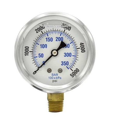 Industrial Pressure Gauge, 0 to 5, 000 psi, 2 1/2 in Dial, 1/4 in NPT, Bottom Location MPN:PRO-201L-254R