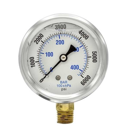 Industrial Pressure Gauge, 0 to 6, 000 psi, 2 1/2 in Dial, 1/4 in NPT, Bottom Location MPN:PRO-201L-254S