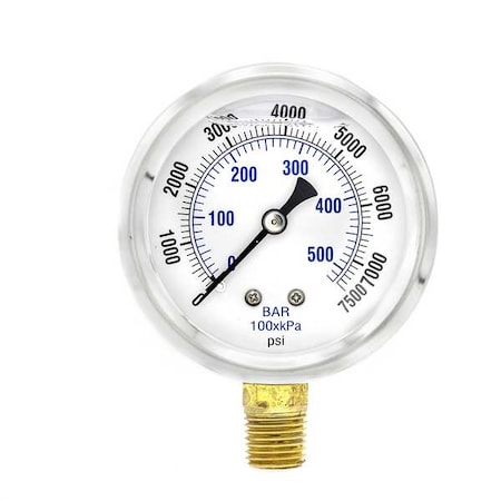 Industrial Pressure Gauge, 0 to 7, 500 psi, 2 1/2 in Dial, 1/4 in NPT, Bottom Location MPN:PRO-201L-254T