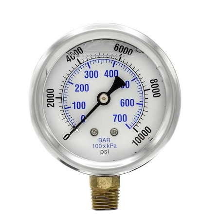 Industrial Pressure Gauge, 0 to 10, 000 psi, 2 1/2 in Dial, 1/4 in NPT, Bottom Location MPN:PRO-201L-254U