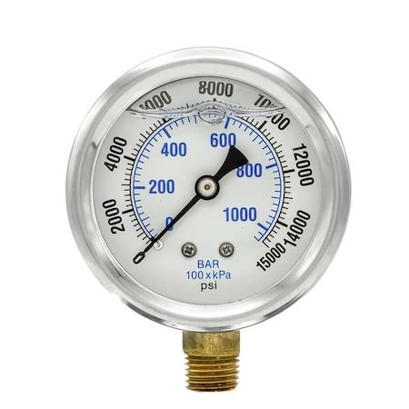 Industrial Pressure Gauge, 0 to 15, 000 psi, 2 1/2 in Dial, 1/4 in NPT, Bottom Location MPN:PRO-201L-254V
