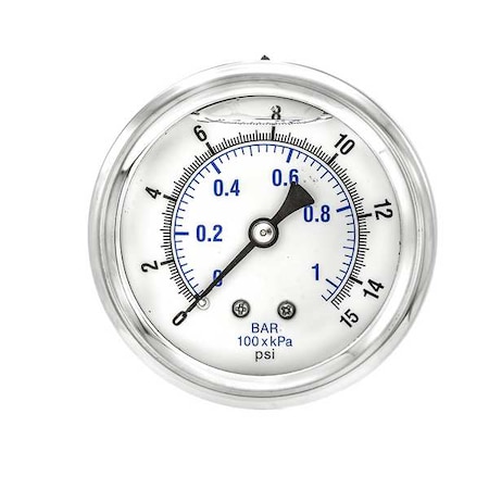 Industrial Pressure Gauge, 0 to 15 psi, 2 1/2 in Dial, 1/4 in NPT, Center Back Location MPN:PRO-202L-254B