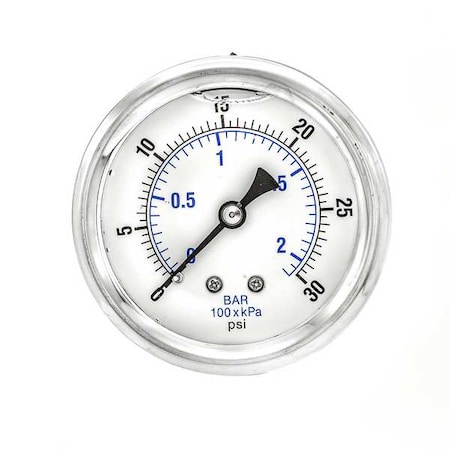Industrial Pressure Gauge, 0 to 30 psi, 2 1/2 in Dial, 1/4 in NPT, Center Back Location MPN:PRO-202L-254C