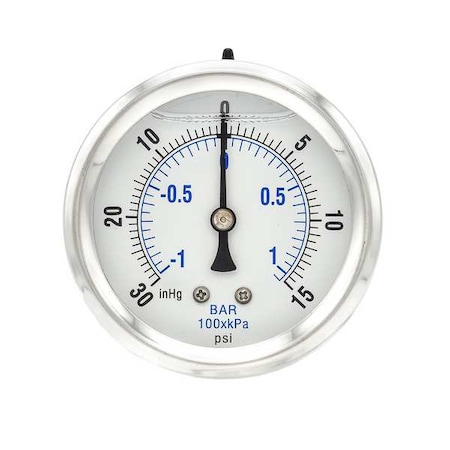 Industrial Compound Gauge, 30 to 0 to 15 psi, 2 1/2 in Dial, 1/4 in NPT, Center Back Location MPN:PRO-202L-254CB