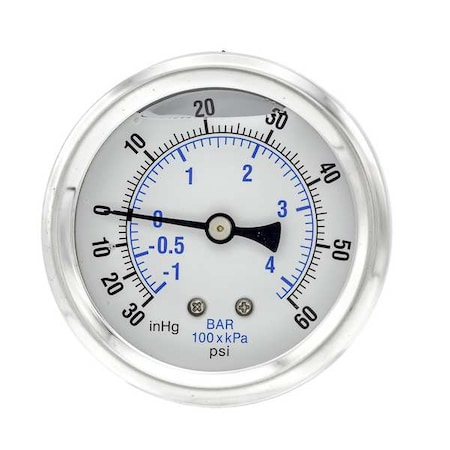 Industrial Compound Gauge, 30 to 0 to 60 psi, 2 1/2 in Dial, 1/4 in NPT, Center Back Location MPN:PRO-202L-254CD