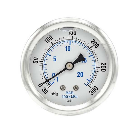 Industrial Compound Gauge, 30 to 0 to 300 psi, 2 1/2 in Dial, 1/4 in NPT, Center Back Location MPN:PRO-202L-254CH