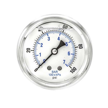 Industrial Pressure Gauge, 0 to 100 psi, 2 1/2 in Dial, 1/4 in NPT, Center Back Location MPN:PRO-202L-254E
