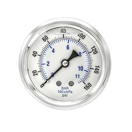Industrial Pressure Gauge, 0 to 160 psi, 2 1/2 in Dial, 1/4 in NPT, Center Back Location MPN:PRO-202L-254F
