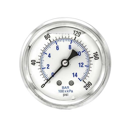 Industrial Pressure Gauge, 0 to 200 psi, 2 1/2 in Dial, 1/4 in NPT, Center Back Location MPN:PRO-202L-254G