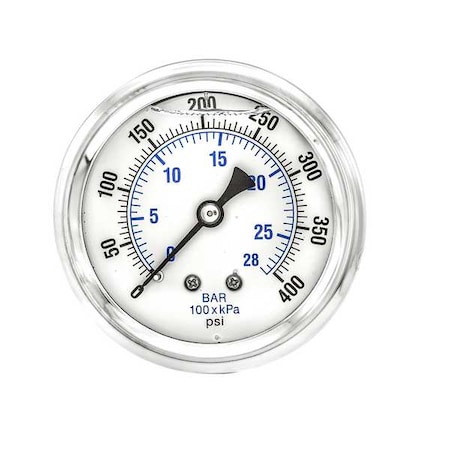 Industrial Pressure Gauge, 0 to 400 psi, 2 1/2 in Dial, 1/4 in NPT, Center Back Location MPN:PRO-202L-254I
