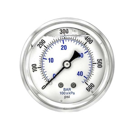 Industrial Pressure Gauge, 0 to 600 psi, 2 1/2 in Dial, 1/4 in NPT, Center Back Location MPN:PRO-202L-254K