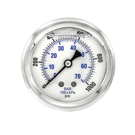 Industrial Pressure Gauge, 0 to 1, 000 psi, 2 1/2 in Dial, 1/4 in NPT, Center Back Location MPN:PRO-202L-254M