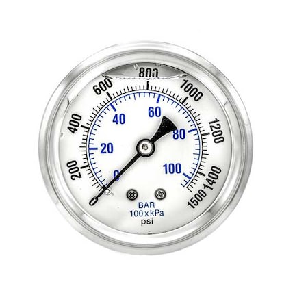 Industrial Pressure Gauge, 0 to 1, 500 psi, 2 1/2 in Dial, 1/4 in NPT, Center Back Location MPN:PRO-202L-254N