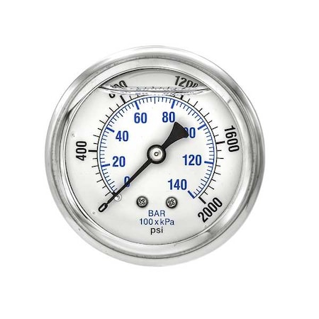 Industrial Pressure Gauge, 0 to 2, 000 psi, 2 1/2 in Dial, 1/4 in NPT, Center Back Location MPN:PRO-202L-254O