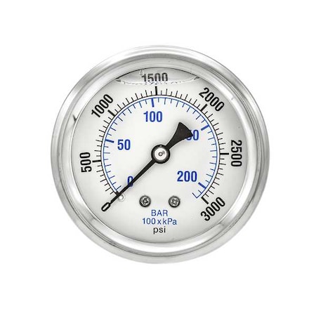 Industrial Pressure Gauge, 0 to 3, 000 psi, 2 1/2 in Dial, 1/4 in NPT, Center Back Location MPN:PRO-202L-254P