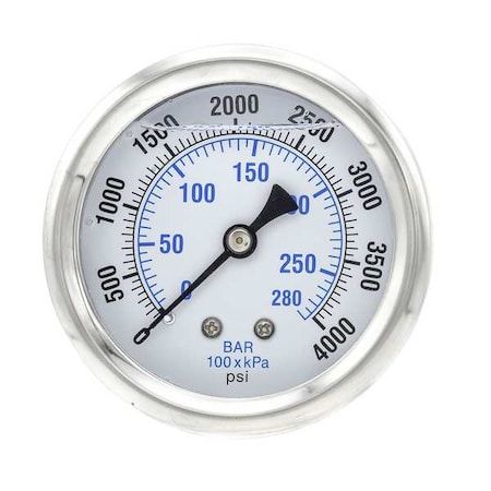 Industrial Pressure Gauge, 0 to 4, 000 psi, 2 1/2 in Dial, 1/4 in NPT, Center Back Location MPN:PRO-202L-254Q