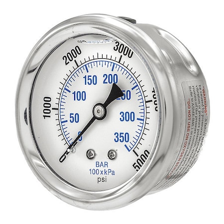 Industrial Pressure Gauge, 0 to 5, 000 psi, 2 1/2 in Dial, 1/4 in NPT, Center Back Location MPN:PRO-202L-254R