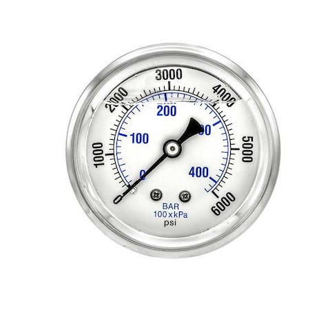 Industrial Pressure Gauge, 0 to 6, 000 psi, 2 1/2 in Dial, 1/4 in NPT, Center Back Location MPN:PRO-202L-254S