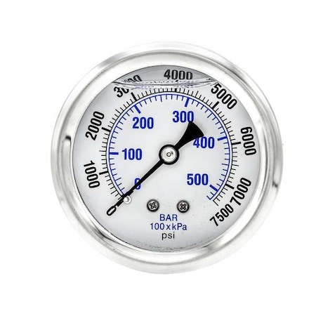 Industrial Pressure Gauge, 0 to 7, 500 psi, 2 1/2 in Dial, 1/4 in NPT, Center Back Location MPN:PRO-202L-254T