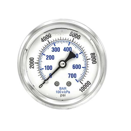 Industrial Pressure Gauge, 0 to 10, 000 psi, 2 1/2 in Dial, 1/4 in NPT, Center Back Location MPN:PRO-202L-254U