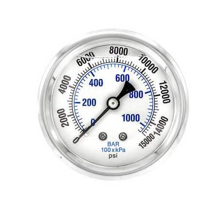 Industrial Pressure Gauge, 0 to 15, 000 psi, 2 1/2 in Dial, 1/4 in NPT, Center Back Location MPN:PRO-202L-254V