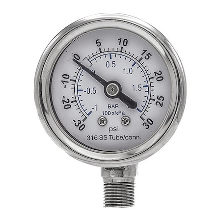 Industrial Compound Gauge, 30 to 0 to 30 psi, 1 1/2 in Dial, 1/8 in NPT, Bottom Location MPN:PRO-301D-158CC-01