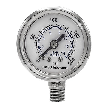 Industrial Pressure Gauge, 0 to 200 psi, 1 1/2 in Dial, 1/8 in NPT, Bottom Location MPN:PRO-301D-158G-01